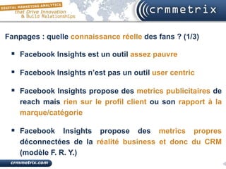 Fanpages : quelle connaissance réelle des fans ? (1/3)

  Facebook Insights est un outil assez pauvre

  Facebook Insights n’est pas un outil user centric

  Facebook Insights propose des metrics publicitaires de
    reach mais rien sur le profil client ou son rapport à la
    marque/catégorie

  Facebook Insights propose des metrics propres
    déconnectées de la réalité business et donc du CRM
    (modèle F. R. Y.)
 