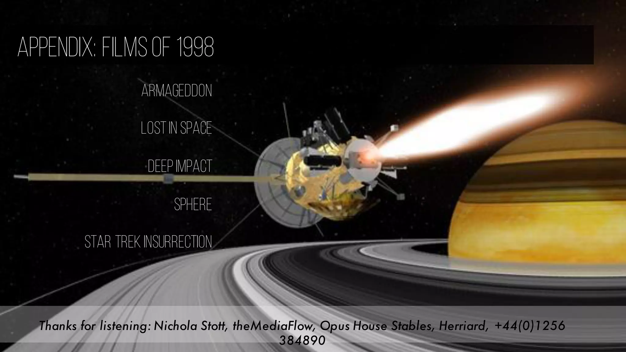 Armageddon
Lostin Space
DeepImpact
Sphere
Star TrekInsurrection
Appendix: Filmsof 1998
Thanks for listening: Nichola Stott, theMediaFlow, Opus House Stables, Herriard, +44(0)1256
384890
 