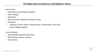 The Maze Data Architecture and Sightline Teams
Data Science:
‒ Nolan Nichols (Lead Platform Architect)
‒ Juan Arrivillaga
‒ Matt Brauer
‒ Michel Dumontier, Maastricht University, advisor
‒ Developers
• Datavisyn: Dominic Girardi, Vanessa Stoiber, Daniela Moitzi, Zach Cutler
• Keitaro: Blagoja Stojkosk
Human Genetics:
‒ Sahar Mozaffari (genetics project lead)
‒ Robert Graham (project visionary)
‒ Karol Estrada
Confidential © 2022 Maze Therapeutics
15
 