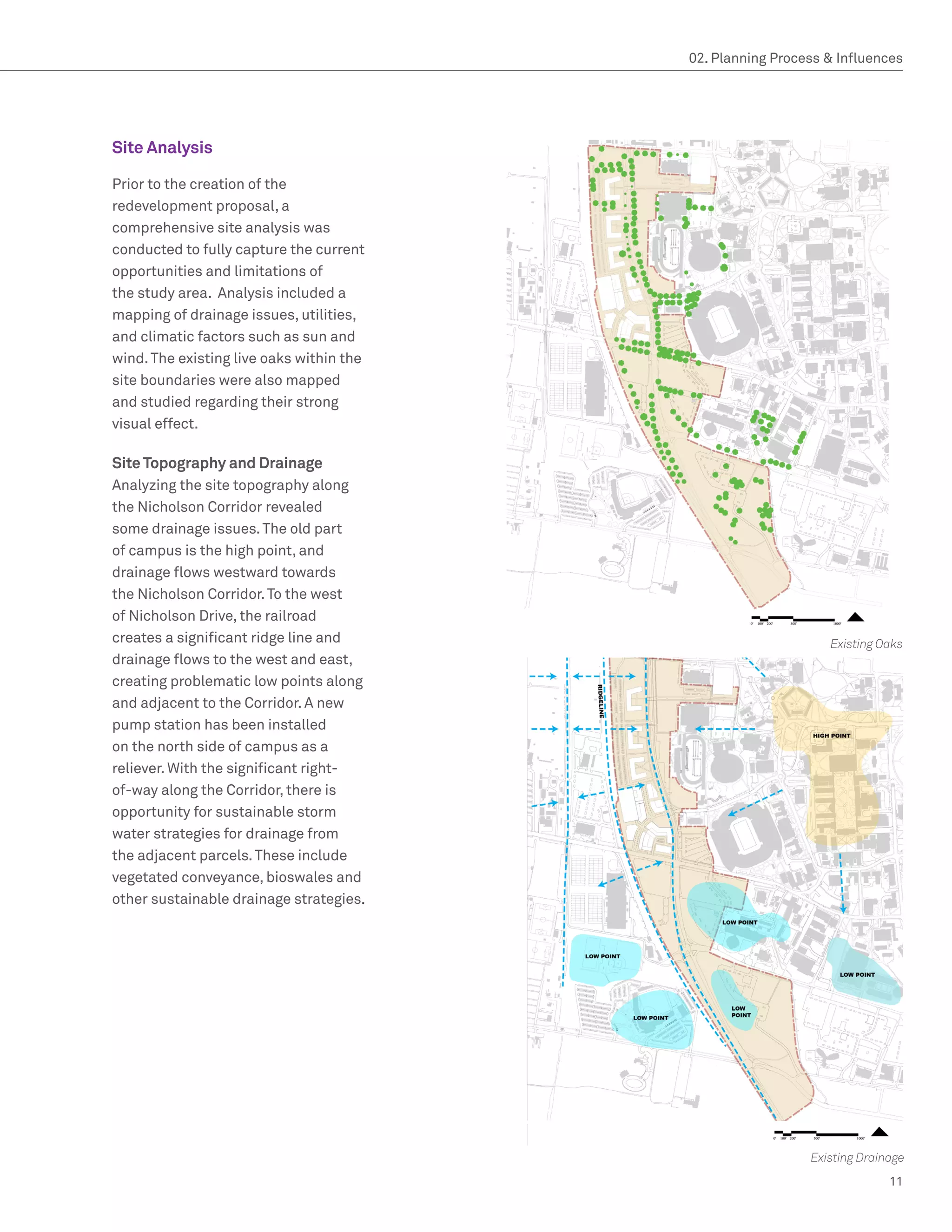 02. Planning Process  Influences




Site Analysis

Prior to the creation of the
redevelopment proposal, a
comprehensive site analysis was
conducted to fully capture the current
opportunities and limitations of
the study area. Analysis included a
mapping of drainage issues, utilities,
and climatic factors such as sun and
wind. The existing live oaks within the
site boundaries were also mapped
and studied regarding their strong
visual effect.

Site Topography and Drainage
Analyzing the site topography along
the Nicholson Corridor revealed
some drainage issues. The old part
of campus is the high point, and
drainage flows westward towards
the Nicholson Corridor. To the west
of Nicholson Drive, the railroad
creates a significant ridge line and                                           Existing Oaks
drainage flows to the west and east,
creating problematic low points along
                                          Existing Oaks
and adjacent to the Corridor. A new
pump station has been installed
on the north side of campus as a
reliever. With the significant right-
of-way along the Corridor, there is
opportunity for sustainable storm
water strategies for drainage from
the adjacent parcels. These include
vegetated conveyance, bioswales and
other sustainable drainage strategies.




                                                                            Existing Drainage
                                                                                          11
 