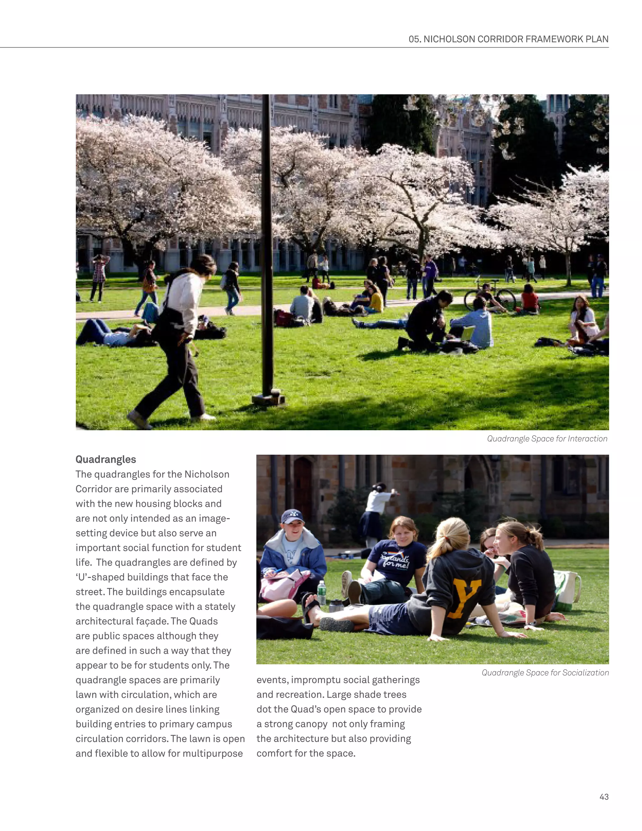 05. NICHOLSON CORRIDOR FRAMEWORK PLAN




                                                                                         Quadrangle Space for Interaction

Quadrangles
The quadrangles for the Nicholson
Corridor are primarily associated
with the new housing blocks and
are not only intended as an image-
setting device but also serve an
important social function for student
life. The quadrangles are defined by
‘U’-shaped buildings that face the
street. The buildings encapsulate
the quadrangle space with a stately
architectural façade. The Quads
are public spaces although they
are defined in such a way that they
appear to be for students only. The
                                                                                        Quadrangle Space for Socialization
quadrangle spaces are primarily           events, impromptu social gatherings
lawn with circulation, which are          and recreation. Large shade trees
organized on desire lines linking         dot the Quad’s open space to provide
building entries to primary campus        a strong canopy not only framing
circulation corridors. The lawn is open   the architecture but also providing
and flexible to allow for multipurpose    comfort for the space.



                                                                                                                       43
 