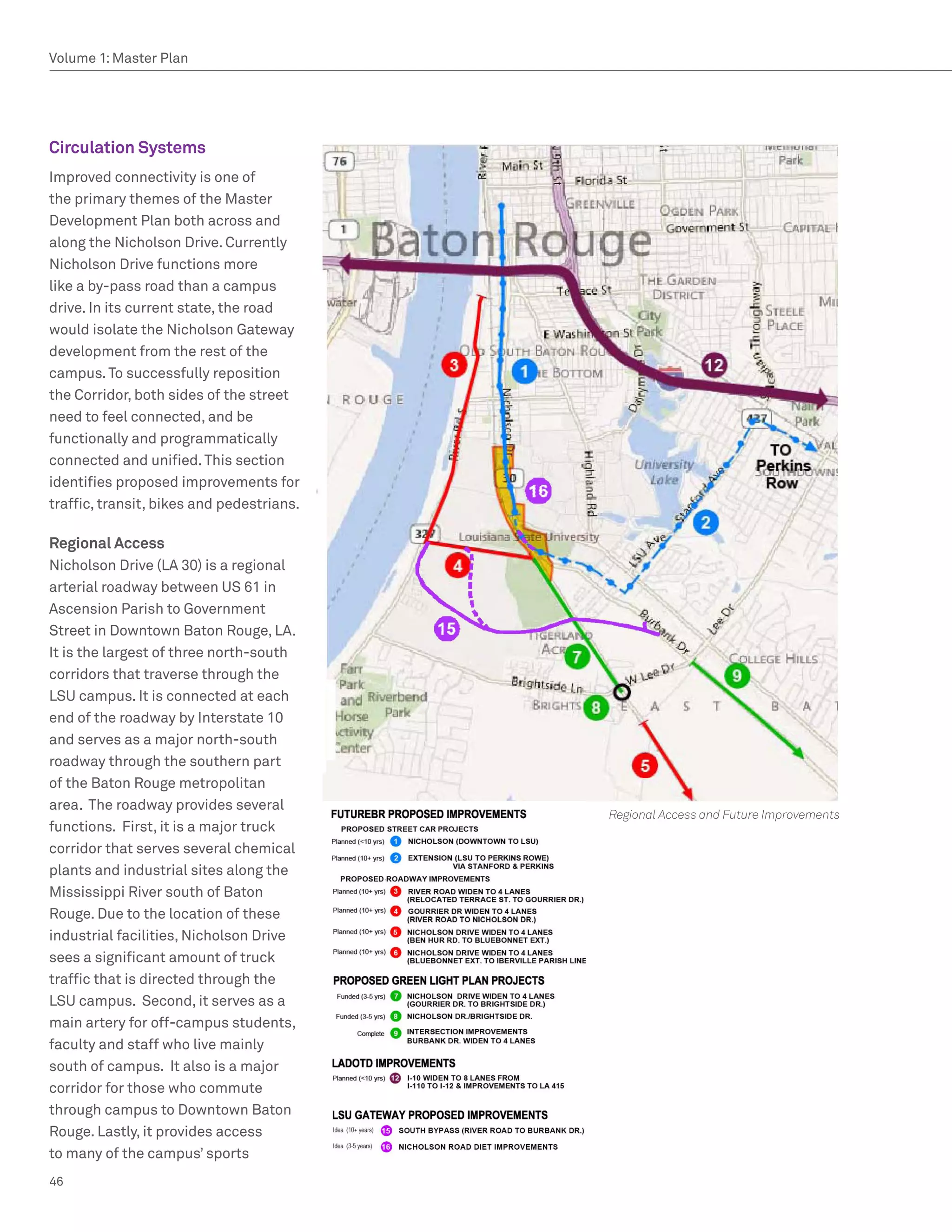 Volume 1: Master Plan




Circulation Systems
Improved connectivity is one of
the primary themes of the Master
Development Plan both across and
along the Nicholson Drive. Currently
Nicholson Drive functions more
like a by-pass road than a campus
drive. In its current state, the road
would isolate the Nicholson Gateway
development from the rest of the
campus. To successfully reposition
the Corridor, both sides of the street
need to feel connected, and be
functionally and programmatically
connected and unified. This section
identifies proposed improvements for
traffic, transit, bikes and pedestrians.

Regional Access
Nicholson Drive (LA 30) is a regional
arterial roadway between US 61 in
Ascension Parish to Government
Street in Downtown Baton Rouge, LA.
It is the largest of three north-south
corridors that traverse through the
LSU campus. It is connected at each
end of the roadway by Interstate 10
and serves as a major north-south
roadway through the southern part
of the Baton Rouge metropolitan
area. The roadway provides several
                                           Regional Access and Future Improvements
functions. First, it is a major truck
corridor that serves several chemical
plants and industrial sites along the
Mississippi River south of Baton
Rouge. Due to the location of these
industrial facilities, Nicholson Drive
sees a significant amount of truck
traffic that is directed through the
LSU campus. Second, it serves as a
main artery for off-campus students,
faculty and staff who live mainly
south of campus. It also is a major
corridor for those who commute
through campus to Downtown Baton
Rouge. Lastly, it provides access
to many of the campus’ sports
46
 