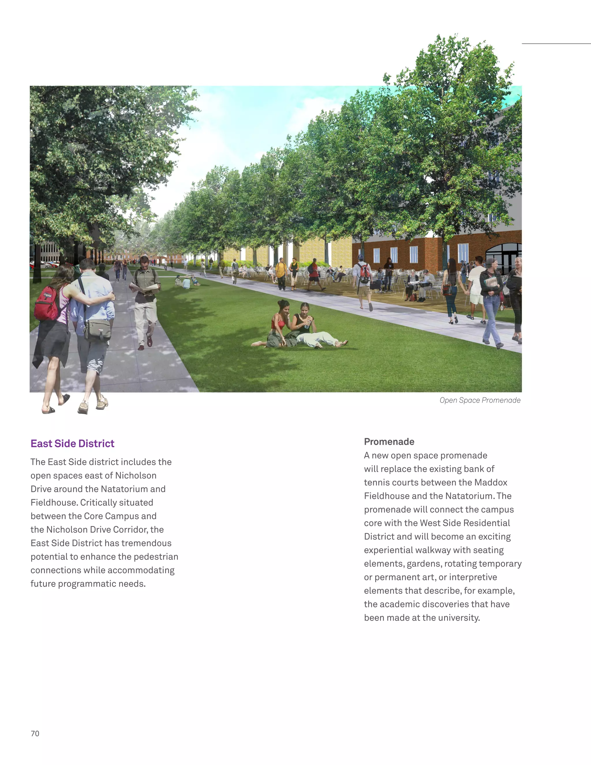 Volume 1: Master Plan




                                                       Open Space Promenade




East Side District                    Promenade
                                      A new open space promenade
The East Side district includes the
                                      will replace the existing bank of
open spaces east of Nicholson
                                      tennis courts between the Maddox
Drive around the Natatorium and
                                      Fieldhouse and the Natatorium. The
Fieldhouse. Critically situated
                                      promenade will connect the campus
between the Core Campus and
                                      core with the West Side Residential
the Nicholson Drive Corridor, the
                                      District and will become an exciting
East Side District has tremendous
                                      experiential walkway with seating
potential to enhance the pedestrian
                                      elements, gardens, rotating temporary
connections while accommodating
                                      or permanent art, or interpretive
future programmatic needs.
                                      elements that describe, for example,
                                      the academic discoveries that have
                                      been made at the university.




70
 