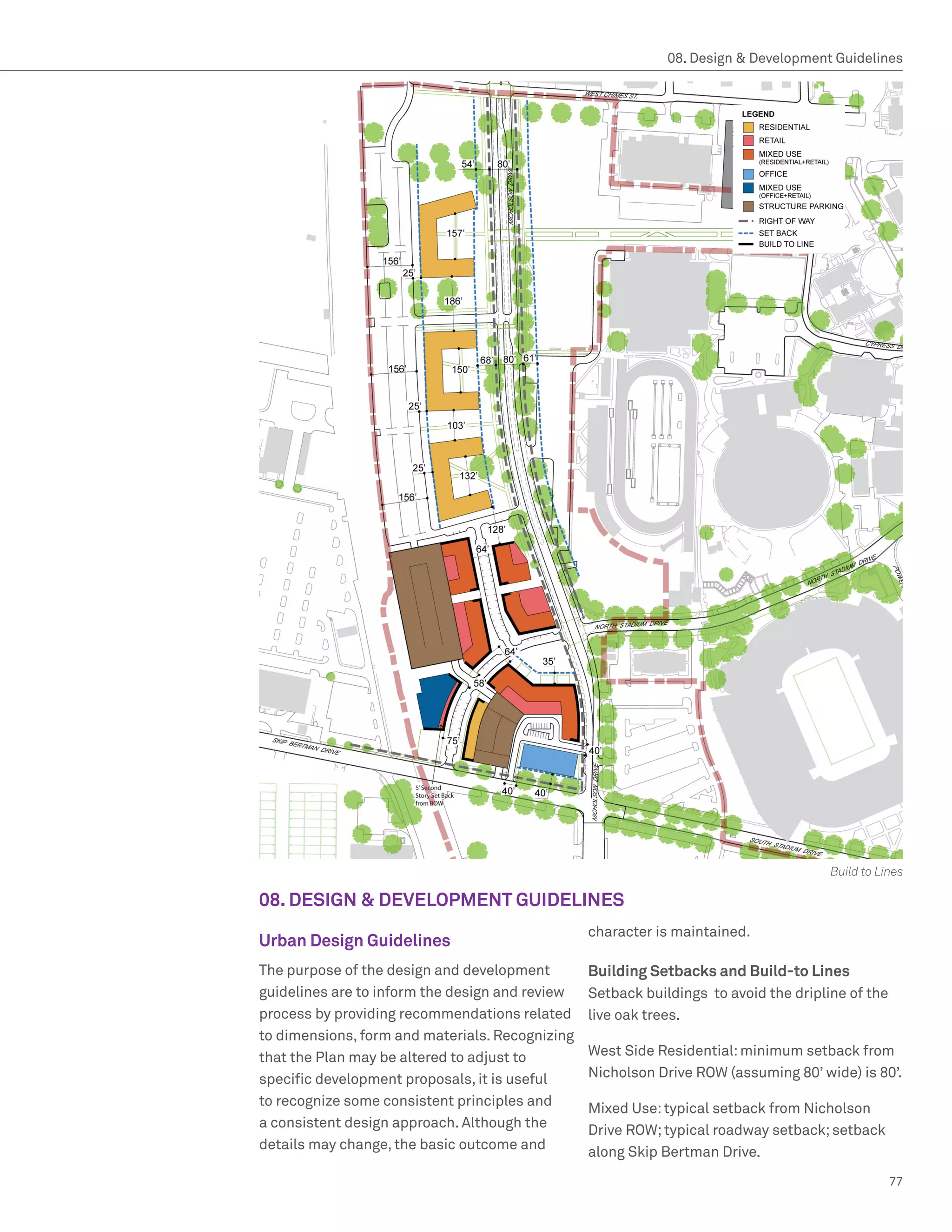 08. Design  Development Guidelines




                                                                                      Build to Lines

08. DESIGN  DEVELOPMENT GUIDELINES
                                                 character is maintained.
Urban Design Guidelines
The purpose of the design and development        Building Setbacks and Build-to Lines
guidelines are to inform the design and review   Setback buildings to avoid the dripline of the
process by providing recommendations related     live oak trees.
to dimensions, form and materials. Recognizing
that the Plan may be altered to adjust to        West Side Residential: minimum setback from
specific development proposals, it is useful     Nicholson Drive ROW (assuming 80’ wide) is 80’.
to recognize some consistent principles and
                                                 Mixed Use: typical setback from Nicholson
a consistent design approach. Although the
                                                 Drive ROW; typical roadway setback; setback
details may change, the basic outcome and
                                                 along Skip Bertman Drive.
                                                                                                  77
 