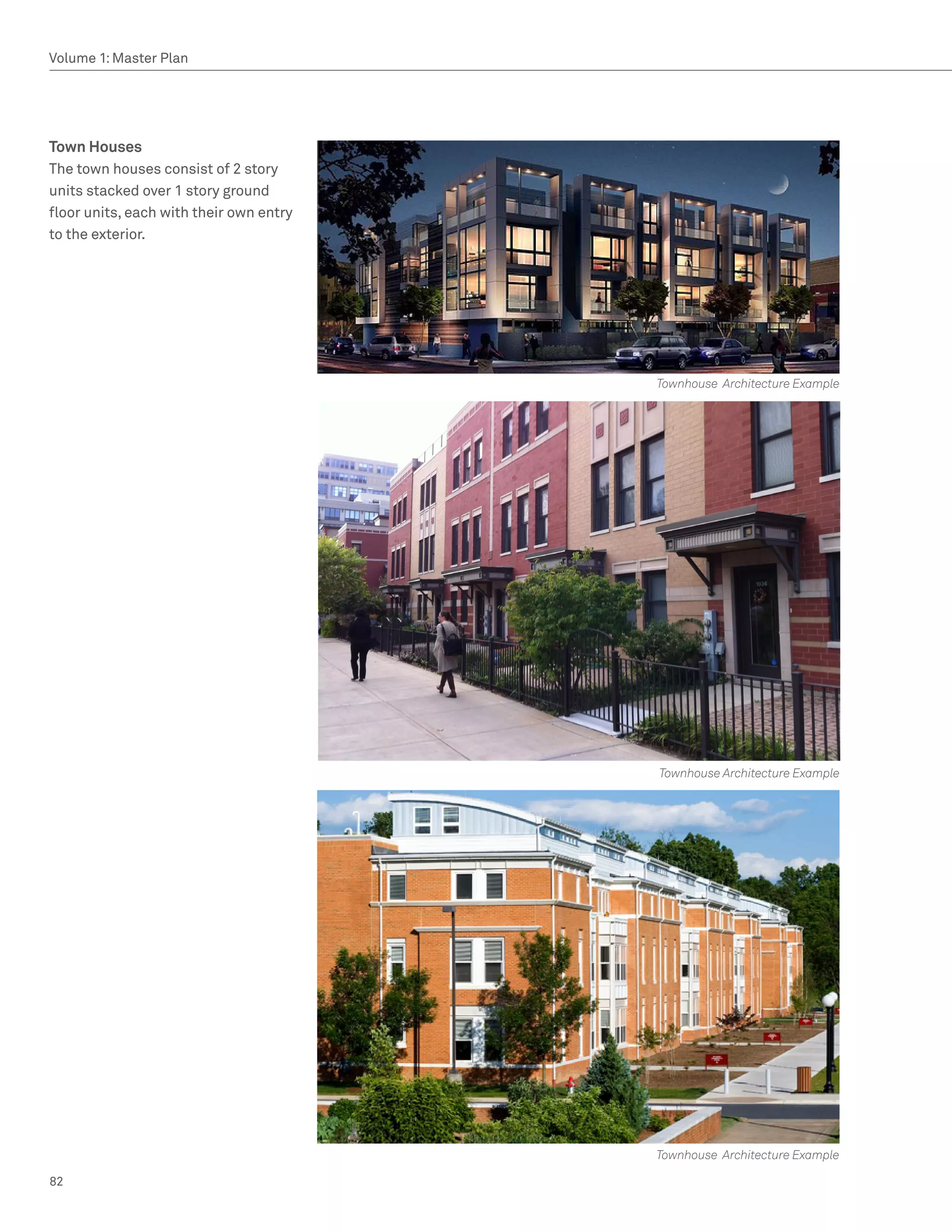 Volume 1: Master Plan




Town Houses
The town houses consist of 2 story
units stacked over 1 story ground
floor units, each with their own entry
to the exterior.




                                         Townhouse Architecture Example




                                         Townhouse Architecture Example




                                         Townhouse Architecture Example

82
 