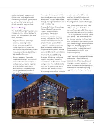 03. MARKET DEMAND




scaled and heavily programmed               housing analysis, a peer institution   market research and financial
spaces. They provide pedestrian             benchmarking comparison, and an        analysis highlight development
connectivity with local sports venues       assembly of student preferences        opportunities for LSU in student
as well as other entertainment,             through focus group sessions and a     housing as well as some challenges.
dining, and retail opportunities.           web-based survey.
                                                                                   LSU currently captures more than
                                          •	 Program Definition: A proprietary
Student Housing                                                                    70% of first-year students in on-
                                             Demand Based Programming              campus housing at LSU. However, on-
The student housing analysis process         (“DBP”) model provided                campus housing only accommodates
incorporated the following steps to          quantitative information              11% of sophomores and 4% of juniors
ensure that project objectives were          about demand patterns and             and seniors. The attrition between
being achieved:                              student preferences. The DBP          on-campus housing freshman year
•	 Project Initiation: A strategic           process translated demand into        and the following years is significant
   visioning session provided a              programmable spaces for the           and has encouraged the development
   broad understanding of the                respective project components.        of private, off-campus properties
   University’s culture, objectives,         A recommended development             to support the increasing student
   mission and vision as related to the      program was analyzed to achieve       housing demand coming from
   redevelopment project and future          supply and demand reconciliation.     enrollment growth.
   campus development.                    •	 Financial Analysis  Phasing
                                                                                   There are many housing alternatives
•	 Market Research: The market               Strategy: A financial model was
                                                                                   available to LSU students who
   research component of this study          used to analyze the operating
                                                                                   desire to live off campus. Property
   included local market analysis as         requirements of the various project
                                                                                   managers consider students a key
   well as a comparison to regional          components. The model tested a
                                                                                   target market and advertise directly
   and national trends in higher             variety of development phasing
                                                                                   to them with competitive pricing,
   education and the development             concepts and deal structures.
                                                                                   aggressive marketing campaigns,
   industry. Research included an         The following results of the in-depth
   on- and off-campus student




                                                                                                           Student Housing
                                                                                                                        23
 