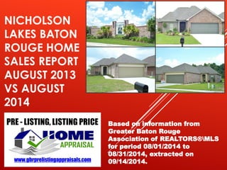 NICHOLSON 
LAKES BATON 
ROUGE HOME 
SALES REPORT 
AUGUST 2013 
VS AUGUST 
2014 
Based on information from 
Greater Baton Rouge 
Association of REALTORS®MLS 
for period 08/01/2014 to 
08/31/2014, extracted on 
09/14/2014. 
 
