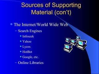 Sources of Supporting Material (con’t) The Internet/World Wide Web Search Engines Infoseek Yahoo Lycos HotBot Google, etc. Online Libraries 
