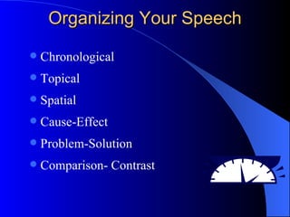Organizing Your Speech Chronological Topical Spatial Cause-Effect Problem-Solution Comparison- Contrast 