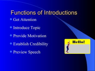 Functions of Introductions Get Attention Introduce Topic Provide Motivation Establish Credibility Preview Speech 