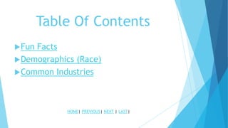 Table Of Contents
Fun Facts
Demographics (Race)
Common Industries
HOME| PREVIOUS| NEXT | LAST|
 