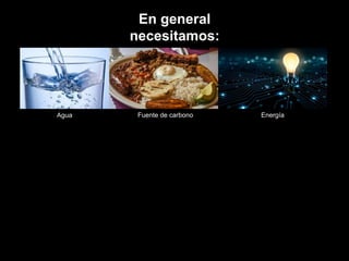 En general
necesitamos:
Agua Energía
Fuente de carbono
 
