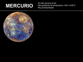 · El más cercano al sol.
· Alto gradiente de temperatura -180° a 430°C
· Muy bombardeado
MERCURIO
 