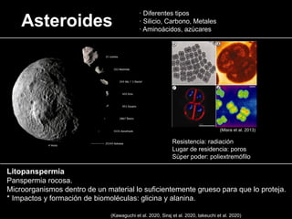 Asteroides
Litopanspermia
Panspermia rocosa.
Microorganismos dentro de un material lo suficientemente grueso para que lo proteja.
* Impactos y formación de biomoléculas: glicina y alanina.
Resistencia: radiación
Lugar de residencia: poros
Sùper poder: poliextremófilo
(Kawaguchi et al. 2020, Siraj et al. 2020, takeuchi et al. 2020)
(Misra et al. 2013)
· Diferentes tipos
· Silicio, Carbono, Metales
· Aminoácidos, azùcares
 