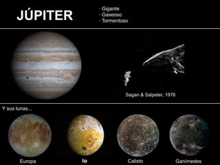 Europa Io Calisto Ganímedes
JÚPITER
· Gigante
· Gaseoso
· Tormentoso
Y sus lunas...
Sagan & Salpeter, 1976
 
