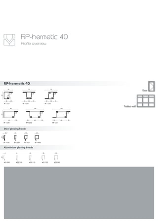 Steel glazing beads
Aluminium glazing beads
RP-hermetic 40
Door
Partition wall
RP 1227 RP 1229 RP 1228
RP 1230 RP 1232 RP 1231
RP 1638 RP 1591 RP 1637 RP 1606
403 130 403 110 403 120 403 080403 090
RP-hermetic 40
Profile overview
 