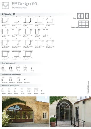 Steel glazing beads
Stainless steel glazing beads
Aluminium glazing beads
RP-Design 50
Door
Partition wall
RP 1829 RP 1830 RP 1831 RP 1832
RP 1833 RP 1834 RP 1835
RP 1829 CN* RP 1830 CN* RP 1831 CN* RP 1832 CN*
RP 1833 CN* RP 1834 CN* RP 1835 CN*
RP 1848
RP 1848 CN*
RP 1867
30
50
RP 1868
50
10
400 180 400 230 400 280 400 330 604 100
620 150 CN*400 749 CN* 400 759 CN* 400 769 CN*
403 600 403 610 403 620 403 640403 630 604 200403 650
*=Stainlesssteel304(1.4301)
---=Surface/visiblesurfaceground,grain220-240
1 2
RP-Design 50
Profile overview
 