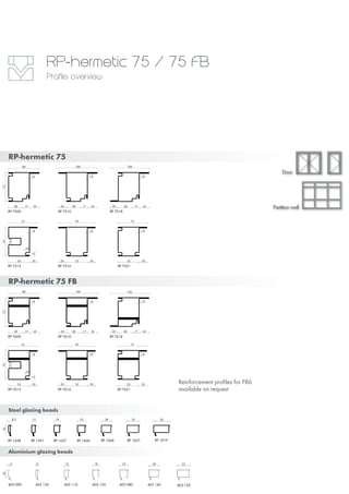 Steel glazing beads
Aluminium glazing beads
RP-hermetic 75
RP-hermetic 75 FB
Door
Partition wall
RP 1638 RP 1591 RP 1637 RP 1606
403 130 403 110 403 120 403 080403 090
1,8
RP 7500 RP 7510 RP 7518
RP 7516 RP 7521RP 7515
RP 7600 RP 7610 RP 7618
RP 7616 RP 7621RP 7615
RP 1668 RP 1657 RP 1819
403 150403 140
RP-hermetic 75 / 75 FB
Profile overview
Reinforcement profiles for FB6
available on request
 