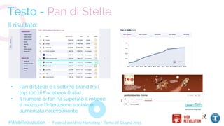 #WebReevolution - Festival del Web Marketing - Roma 28 Giugno 2013
Testo - Pan di Stelle
Il risultato:
• Pan di Stelle è il settimo brand tra i
top 100 di Facebook (Italia)
• Il numero di fan ha superato il milione
e mezzo e l'interazione sociale è
aumentata notevolmente
 
