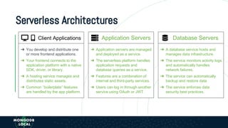 Serverless Architectures
➔ Application servers are managed
and deployed as a service.
➔ The serverless platform handles
ap...