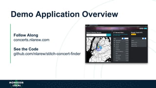Demo Application Overview
Follow Along
concerts.nlarew.com
See the Code
github.com/nlarew/stitch-concert-finder
 