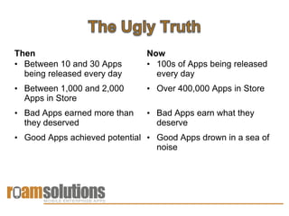 Then                           Now
• Between 10 and 30 Apps       • 100s of Apps being released
  being released every day       every day
• Between 1,000 and 2,000      • Over 400,000 Apps in Store
  Apps in Store
• Bad Apps earned more than    • Bad Apps earn what they
  they deserved                  deserve
• Good Apps achieved potential • Good Apps drown in a sea of
                                 noise
 