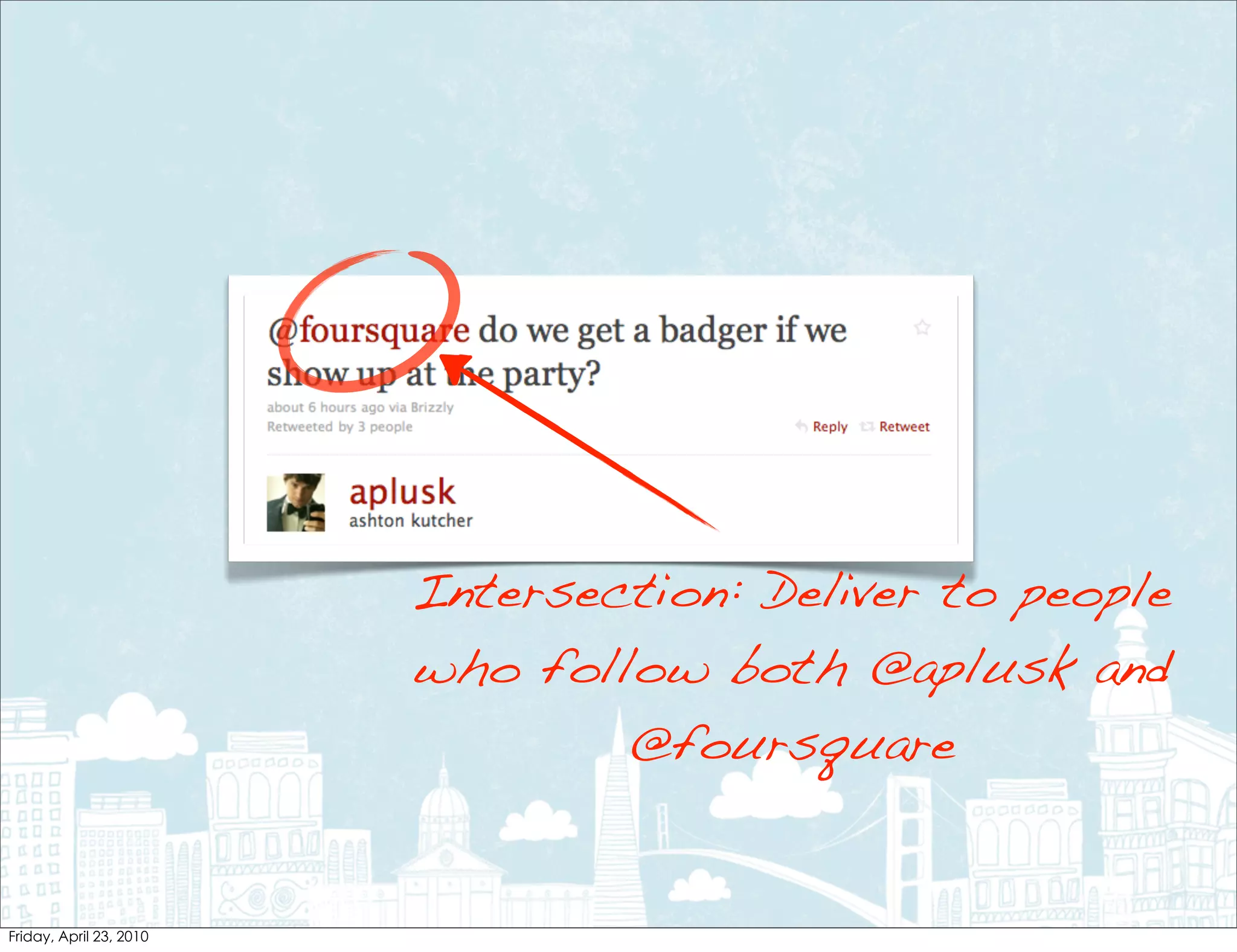 Intersection: Deliver to people
who follow both @aplusk and
        @foursquare
 
