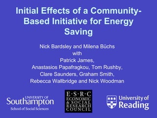 Initial Effects of a CommunityBased Initiative for Energy
Saving
Nick Bardsley and Milena Büchs
with
Patrick James,
Anastasios Papafragkou, Tom Rushby,
Clare Saunders, Graham Smith,
Rebecca Wallbridge and Nick Woodman

 