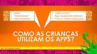 • Jogos 
• “Toilet-Humor” 
• Apps divertidos 
• Jogos sociais 
• App visualmente atrativos 
• Fotos e vídeos engraçados 
COMO AS CRIANÇAS 
UTILIZAM OS APPS? 
FONTE: 2012 Nickelodeon Research 
 