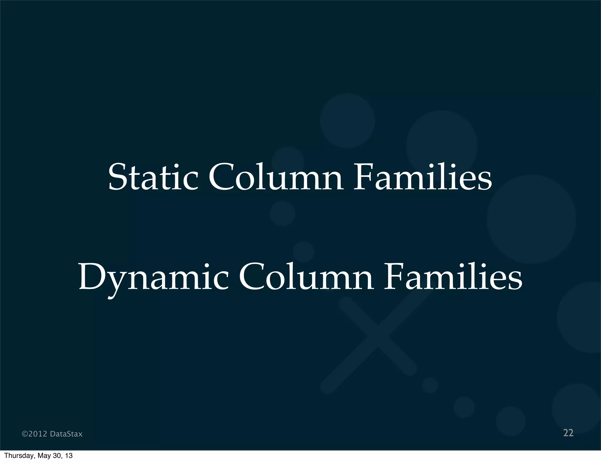 ©2012 DataStax
Static Column Families
Dynamic Column Families
22
Thursday, May 30, 13
 
