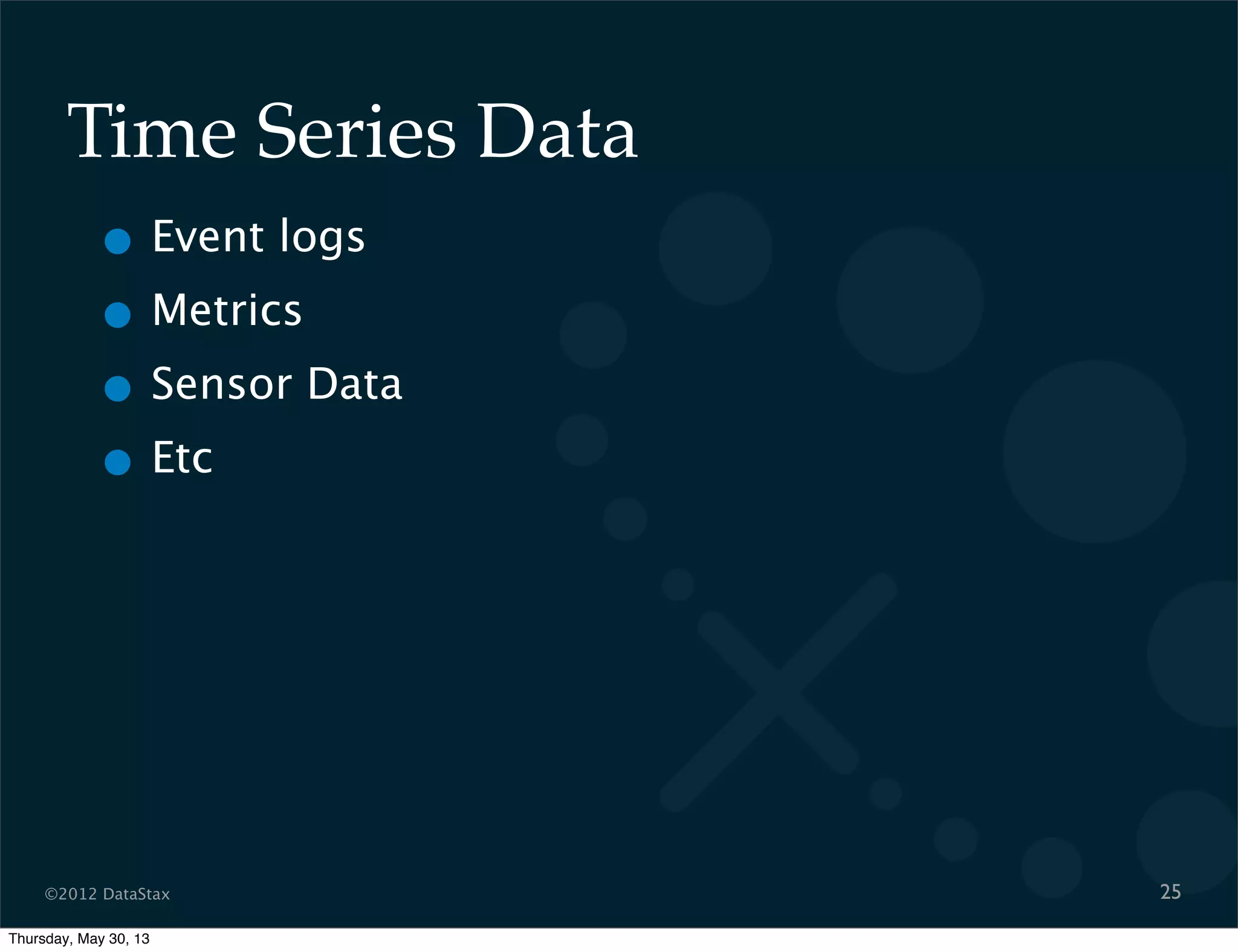 ©2012 DataStax
Time Series Data
• Event logs
• Metrics
• Sensor Data
• Etc
25
Thursday, May 30, 13
 