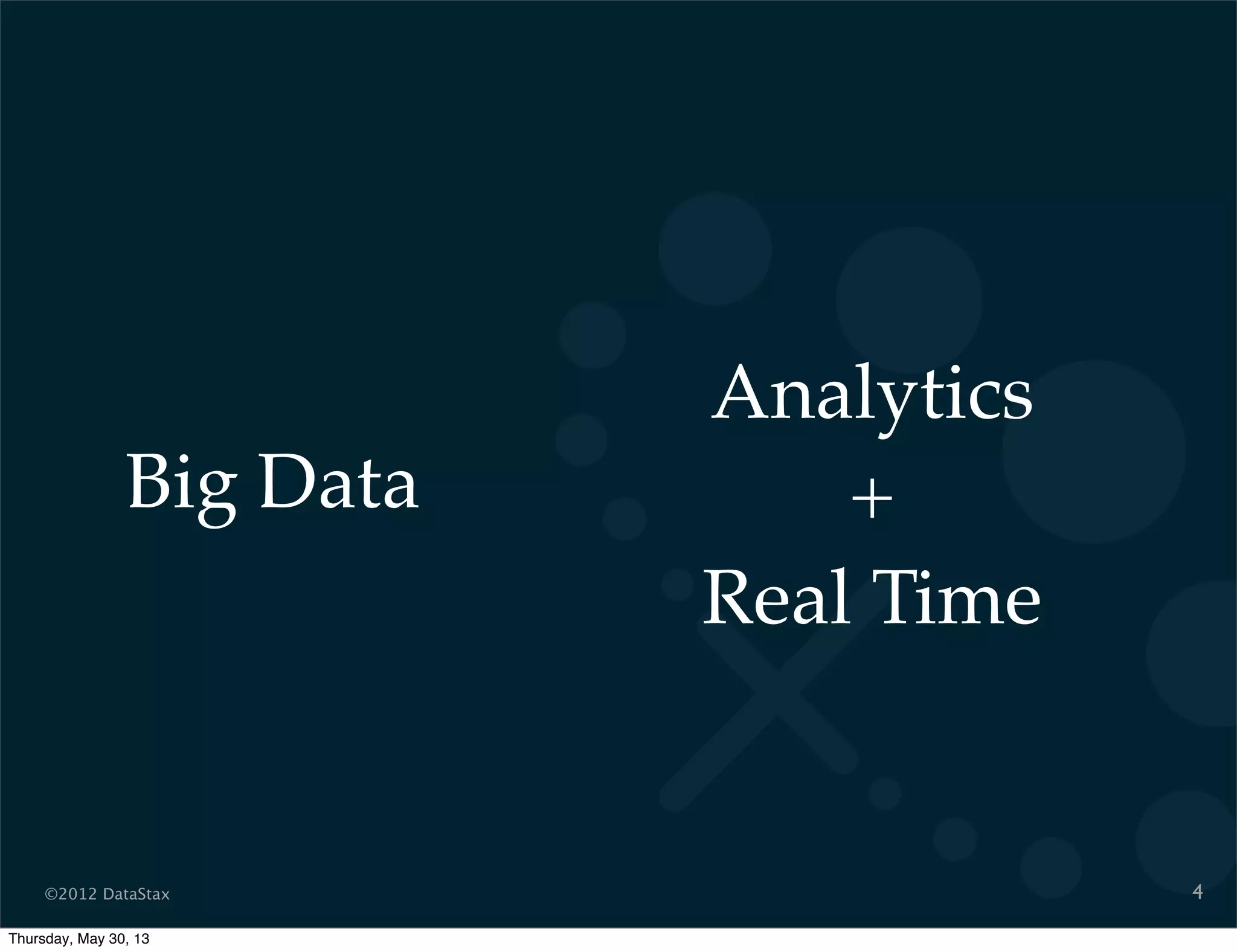 ©2012 DataStax
Analytics
+
Real Time
4
Big Data
Thursday, May 30, 13
 