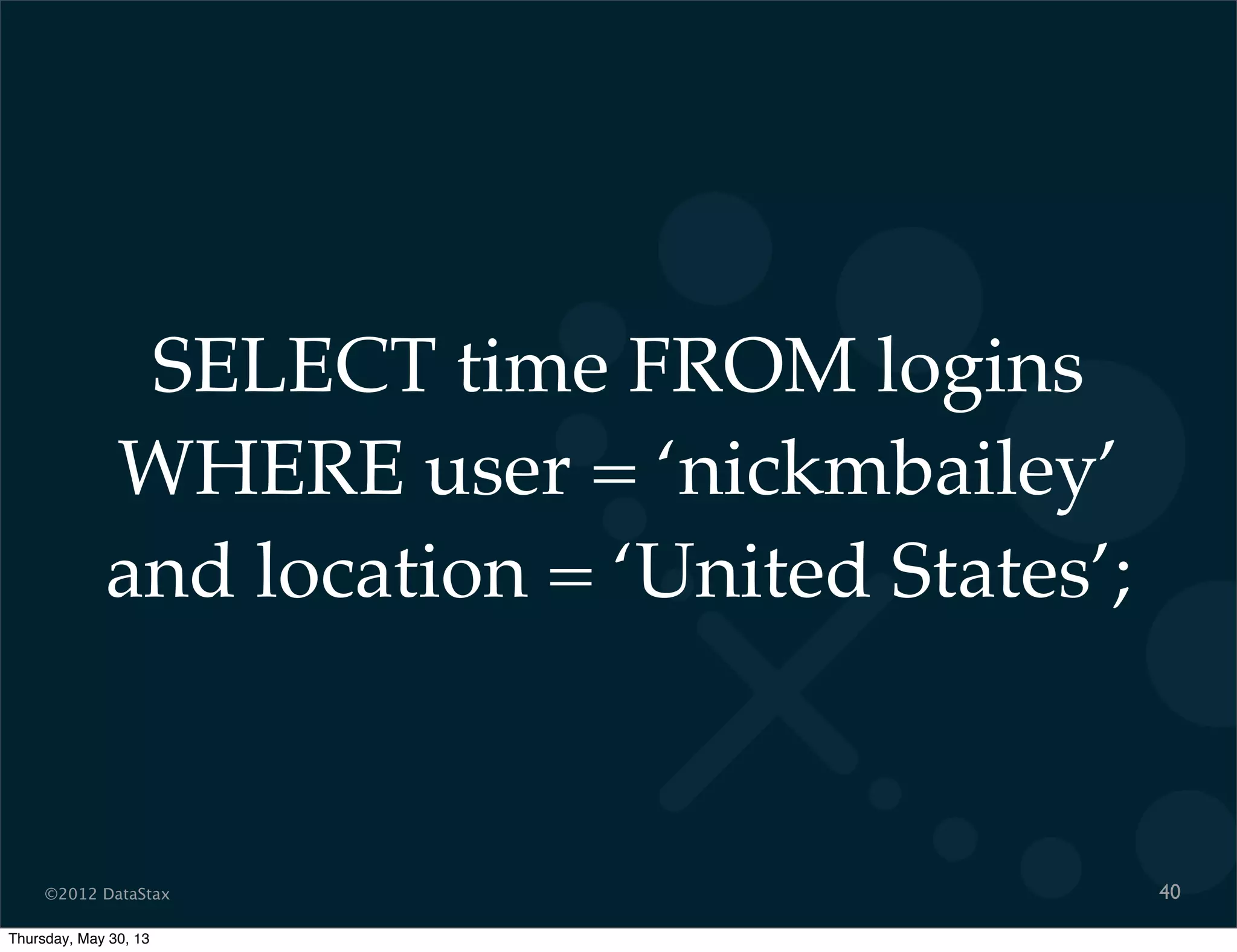 ©2012 DataStax
SELECT time FROM logins
WHERE user = ‘nickmbailey’
and location = ‘United States’;
40
Thursday, May 30, 13
 