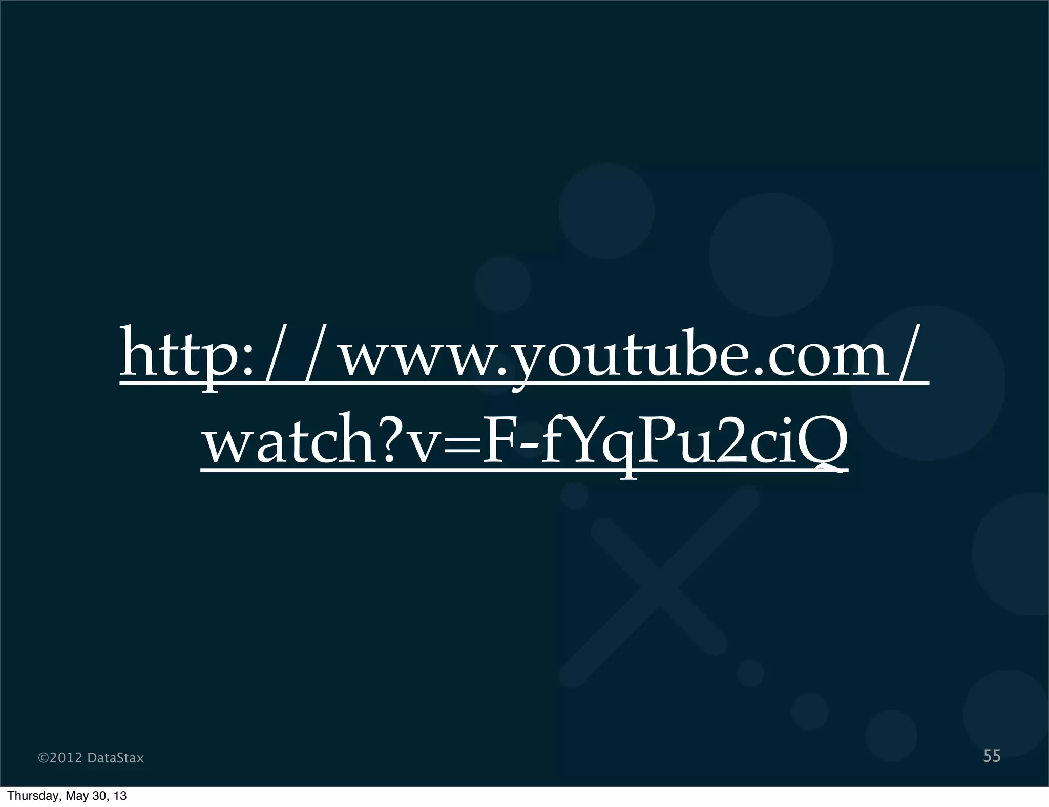 ©2012 DataStax
http://www.youtube.com/
watch?v=F-fYqPu2ciQ
55
Thursday, May 30, 13
 