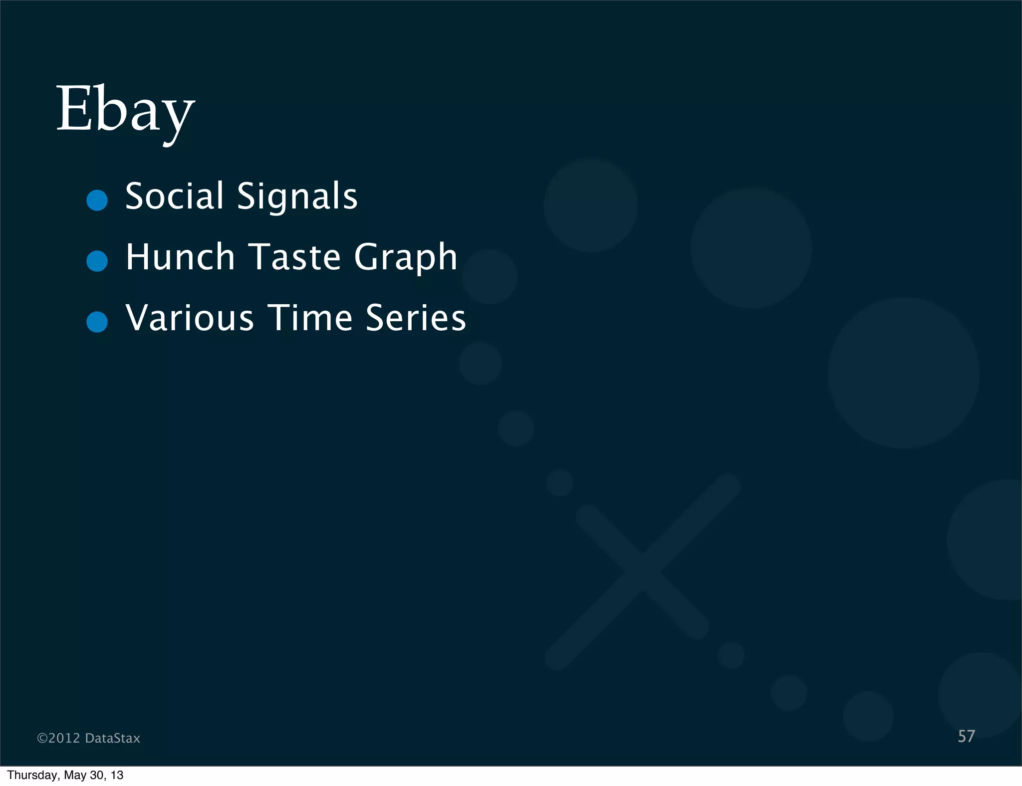 ©2012 DataStax
Ebay
• Social Signals
• Hunch Taste Graph
• Various Time Series
57
Thursday, May 30, 13
 