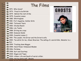 The Films 1971- Who Cares? 1973-  Proud to be British 1974-  Behind the rent strike 1975- Juvenile Liaison  1980- Whittingham 1981- Fort Augustus, Soldier Girls 1982- Tattooed Tears 1983- Chicken Ranch 1986- Lily Tomlin  1988- Driving me crazy 1989- Diamond Skulls  1990- Juvenile Liaison || 1991- The Leader, His Driver and the Driver’s wife.  1992- Too white for me, Aileen Wuornos: The selling of a serial killer, Monster in a box. 1994- Tracking down Maggie 1995- Heidi Fleiss: Hollywood Madam 1996- Fetishes 1998- Kurt and Courtney 2002- Biggie and Tupac 2003- Aileen: Life and Death of serial a killer. 2006- His big white self., Ghosts 2007- Battle for Haditha 2009- A time comes 