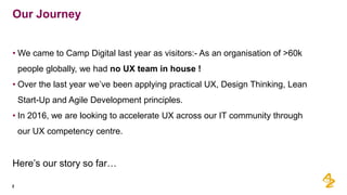 • We came to Camp Digital last year as visitors:- As an organisation of >60k
people globally, we had no UX team in house !
• Over the last year we’ve been applying practical UX, Design Thinking, Lean
Start-Up and Agile Development principles.
• In 2016, we are looking to accelerate UX across our IT community through
our UX competency centre.
Here’s our story so far…
Our Journey
2
 