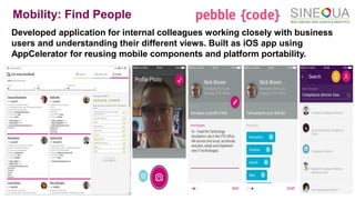Mobility: Find People
21
Developed application for internal colleagues working closely with business
users and understanding their different views. Built as iOS app using
AppCelerator for reusing mobile components and platform portability.
 