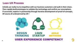 Lean UX Process
Initially we really try to empathise with our business customers and walk in their shoes.
Then rapidly build prototypes to validate the technology and confirm our assumptions.
If successful, explore in partnership through iterative development of proof-of-concepts.
Of course all underpinned by UX !
40
AGILE
METHODS
USER EXPERIENCE COMPETENCY
 
