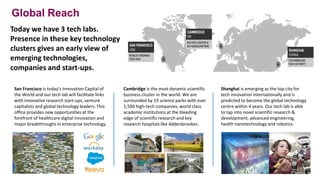 Global Reach
Today we have 3 tech labs.
Presence in these key technology
clusters gives an early view of
emerging technologies,
companies and start-ups.
San Francisco is today’s Innovation Capital of
the World and our tech lab will facilitate links
with innovative research start-ups, venture
capitalists and global technology leaders. This
office provides new opportunities at the
forefront of healthcare digital innovation and
major breakthroughs in enterprise technology.
Cambridge is the most dynamic scientific
business cluster in the world. We are
surrounded by 19 science parks with over
1,500 high-tech companies, world class
academic institutions at the bleeding
edge of scientific research and key
research hospitals like Addenbrookes.
Shanghai is emerging as the top city for
tech innovation internationally and is
predicted to become the global technology
centre within 4 years. Our tech lab is able
to tap into novel scientific research &
development, advanced engineering,
health nanotechnology and robotics.
 