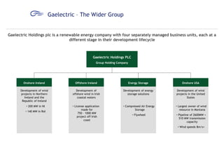 Gaelectric – The Wider Group
Gaelectric Holdings plc is a renewable energy company with four separately managed business units, each at a
different stage in their development lifecycle

Gaelectric Holdings PLC
Group Holding Company

Onshore Ireland

Offshore Ireland

Energy Storage

Onshore USA

Development of wind
projects in Northern
Ireland and the
Republic of Ireland

Development of
offshore wind in Irish
coastal waters

Development of energy
storage solutions

Development of wind
projects in the United
States

 License application
made for
750 – 1000 MW
project off Irish
coast

 Compressed Air Energy
Storage

 Largest owner of wind
resource in Montana

 Flywheel

 Pipeline of 2600MW +
510 MW transmission
capacity

 200 MW in NI
 140 MW in RoI

 Wind speeds 8m/s+

 