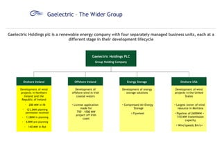 Gaelectric – The Wider Group
Gaelectric Holdings plc is a renewable energy company with four separately managed business units, each at a
different stage in their development lifecycle

Gaelectric Holdings PLC
Group Holding Company

Onshore Ireland

Offshore Ireland

Energy Storage

Onshore USA

Development of wind
projects in Northern
Ireland and the
Republic of Ireland

Development of
offshore wind in Irish
coastal waters

Development of energy
storage solutions

Development of wind
projects in the United
States

 License application
made for
750 – 1000 MW
project off Irish
coast

 Compressed Air Energy
Storage

 Largest owner of wind
resource in Montana

 Flywheel

 Pipeline of 2600MW +
510 MW transmission
capacity

•

200 MW in NI

123.3MW planning
permission received

•
•

13.8MW in planning

•

63MW pre-planning

•

140 MW in RoI

 Wind speeds 8m/s+

 