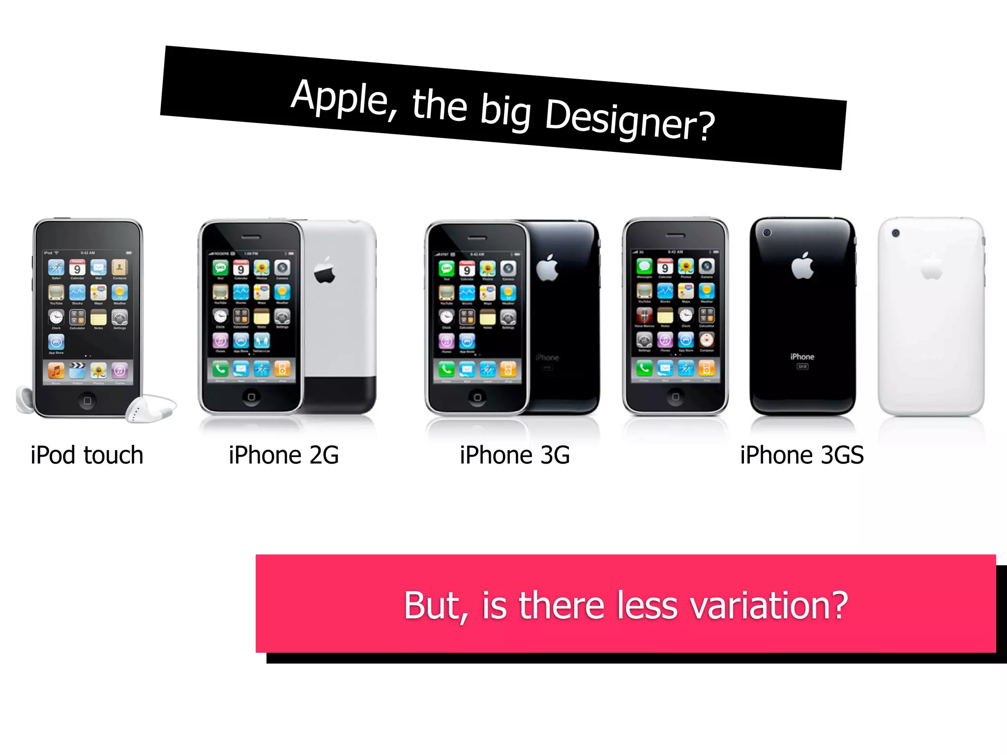 Apple, the big
                                 Designer?




iPod touch   iPhone 2G      iPhone 3G         iPhone 3GS




                         But, is there less variation?
 