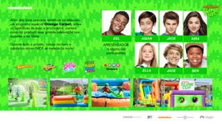 Além das duas semanas temáticas na televisão,
um programa especial Orange Carpet, sobre
os bastidores de toda a brincadeira, contará
como foi produzir essa grande celebração aos
esportes e ao Slime.
Durante todo o projeto, nossos incríveis e
adorados atores NICK se melecarão muito!
KEL KIRA
BENELLA
JACKAIDAN
JACE
APRESENTADOR
e alguns dos
participantes
 