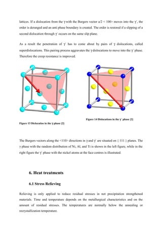 lattices. If a dislocation from the γ with the Burgers vector a/2 < 100> moves into the γ´, the
order is deranged and an anti phase boundary is created. The order is restored if a slipping of a
second dislocation through γ´ occurs on the same slip plane.
As a result the penetration of γ´ has to come about by pairs of γ dislocations, called
superdislocations. This pairing process aggravates the γ dislocations to move into the γ´ phase.
Therefore the creep resistance is improved.
Figure 13 Diclocatios in the γ phase [2]
Figure 14 Dislocations in the γ´ phase [2]
The Burgers vectors along the <110> directions in γ and γ´ are situated on { 111 } planes. The
γ phase with the random distribution of Ni, Al, and Ti is shown in the left figure, while in the
right figure the γ´ phase with the nickel atoms at the face centres is illustrated.
6. Heat treatments
6.1 Stress Relieving
Relieving is only applied to reduce residual stresses in not precipitation strengthened
materials. Time and temperature depends on the metallurgical characteristics and on the
amount of residual stresses. The temperatures are normally below the annealing or
recrystallization temperature.
 