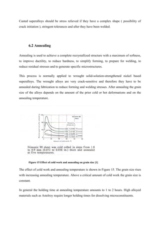 Casted superalloys should be stress relieved if they have a complex shape ( possibility of
crack initiation ), stringent tolerances and after they have been welded.
6.2 Annealing
Annealing is used to achieve a complete recrystallized structure with a maximum of softness,
to improve ductility, to reduce hardness, to simplify forming, to prepare for welding, to
reduce residual stresses and to generate specific microstructures.
This process is normally applied to wrought solid-solution-strengthened nickel based
superalloys. The wrought alloys are very crack-sensitive and therefore they have to be
annealed during fabrication to reduce forming and welding stresses. After annealing the grain
size of the alloys depends on the amount of the prior cold or hot deformations and on the
annealing temperature.
Figure 15 Effect of cold work and annealing on grain size [1]
The effect of cold work and annealing temperature is shown in Figure 15. The grain size rises
with increasing annealing temperature. Above a critical amount of cold work the grain size is
constant.
In general the holding time at annealing temperature amounts to 1 to 2 hours. High alloyed
materials such as Astelroy require longer holding times for dissolving microconstituents.
 