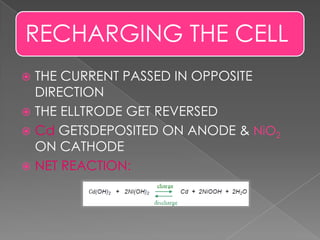 RECHARGING THE CELL
 THE CURRENT PASSED IN OPPOSITE
DIRECTION
 THE ELLTRODE GET REVERSED
 Cd GETSDEPOSITED ON ANODE & NiO2
ON CATHODE
 NET REACTION:
 