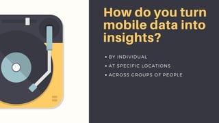 How do you turn
mobile data into
insights?
BY INDIVIDUAL
AT SPECIFIC LOCATIONS 
ACROSS GROUPS OF PEOPLE
 