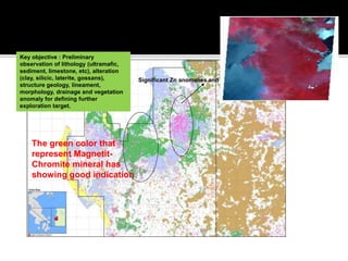 Significant Zn anomalies and Minor Cu Pb anomalies
TARGETING PROSPECTING -
ASTER IMAGING ANALYSIS
The green color that
represent Magnetit-
Chromite mineral has
showing good indication
Key objective : Preliminary
observation of lithology (ultramafic,
sediment, limestone, etc), alteration
(clay, silicic, laterite, gossans),
structure geology, lineament,
morphology, drainage and vegetation
anomaly for defining further
exploration target.
 