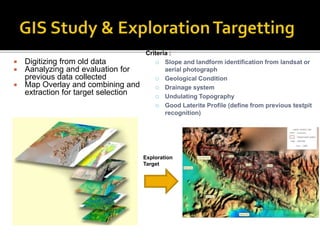  Digitizing from old data
 Aanalyzing and evaluation for
previous data collected
 Map Overlay and combining and
extraction for target selection
Exploration
Target
Criteria :
 Slope and landform identification from landsat or
aerial photograph
 Geological Condition
 Drainage system
 Undulating Topography
 Good Laterite Profile (define from previous testpit
recognition)
 